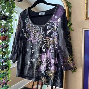Vintage Vanilla Sugar Y2K Bedazzled Floral Top XL 2000s Cotton